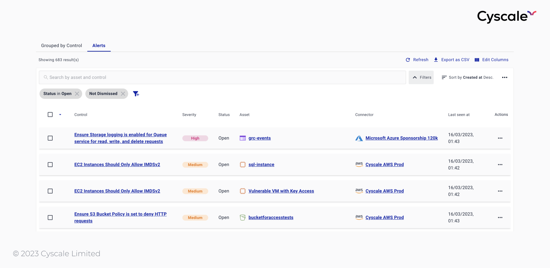 All alerts page in the Cyscale platform