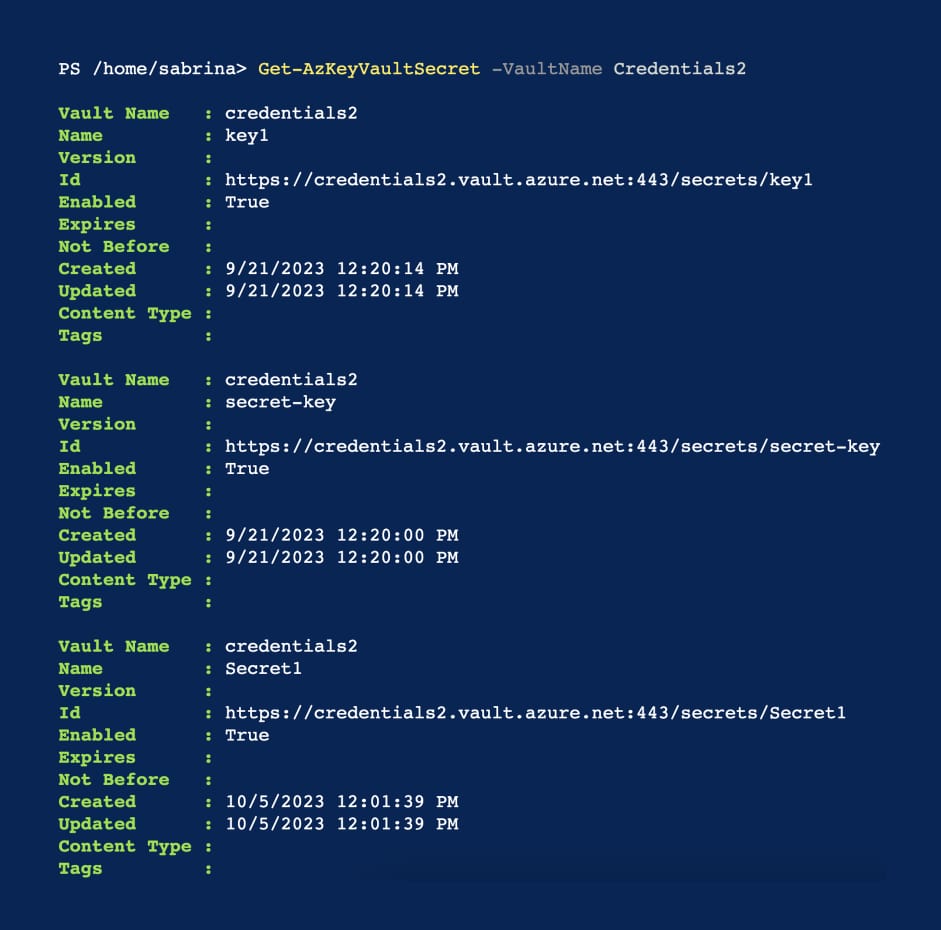 The contents of the Credentials2 Key Vault