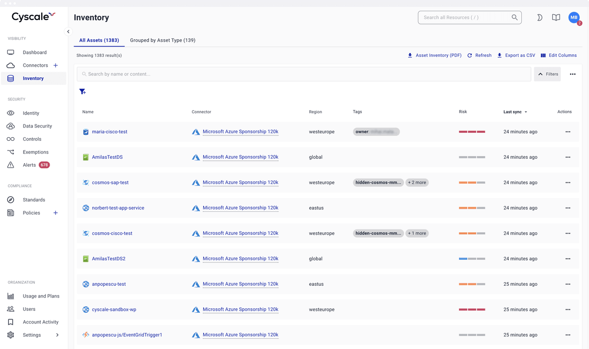 Cyscale inventory screenshot with Kubernetes assets