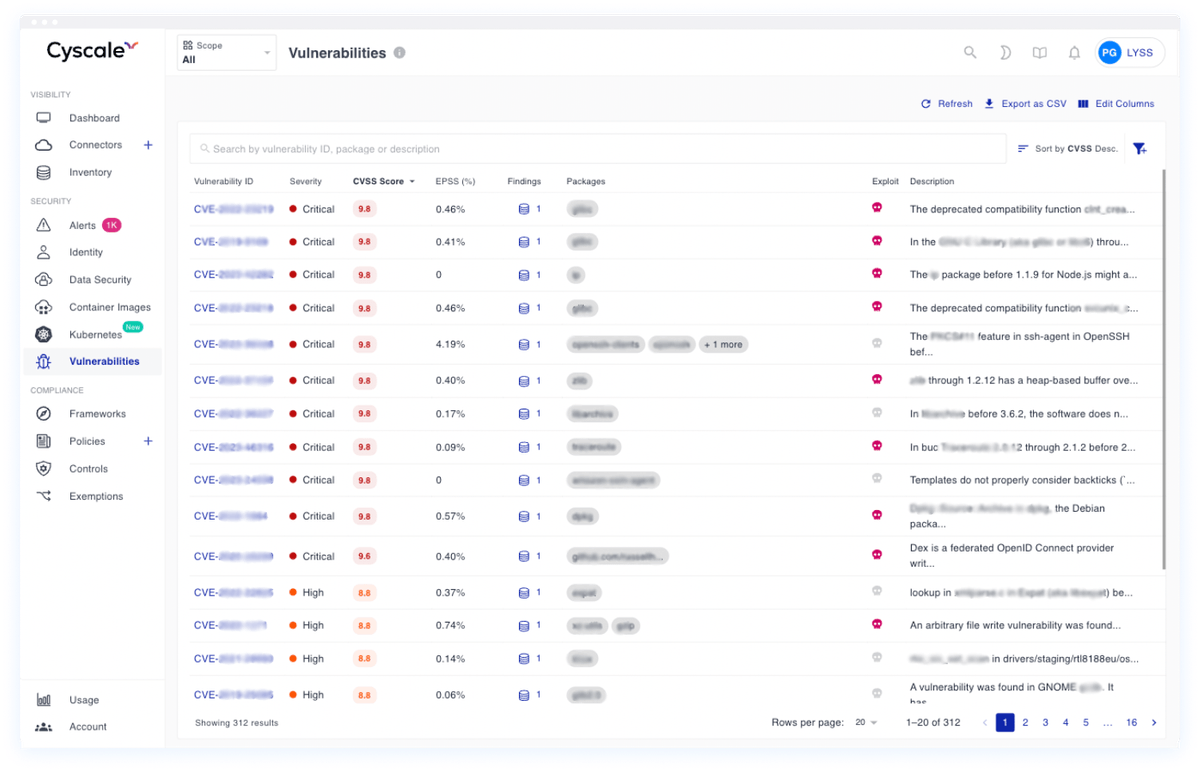 Cyscale vulnerability and workload security dashboard