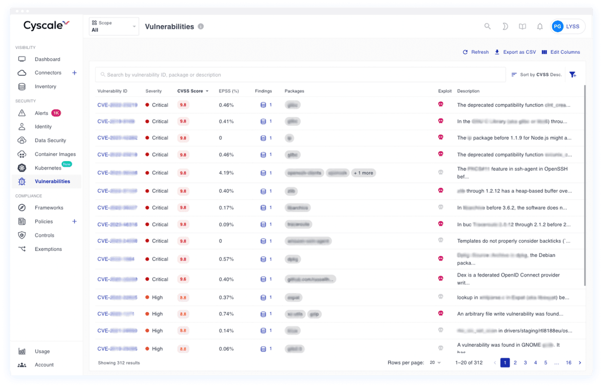 Cyscale vulnerability and workload security dashboard