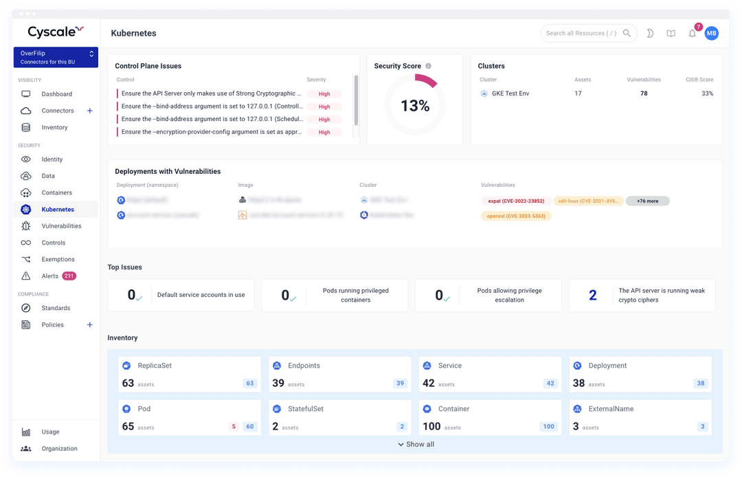 Cyscale Kubernetes security dashboard