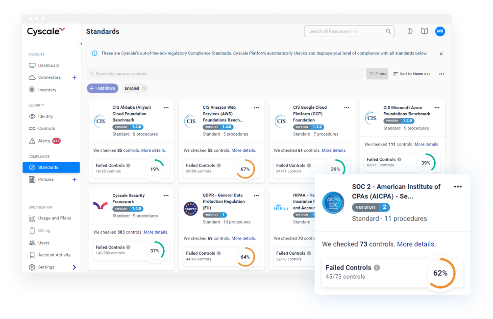 Standards inventory view with focus on SOC 2